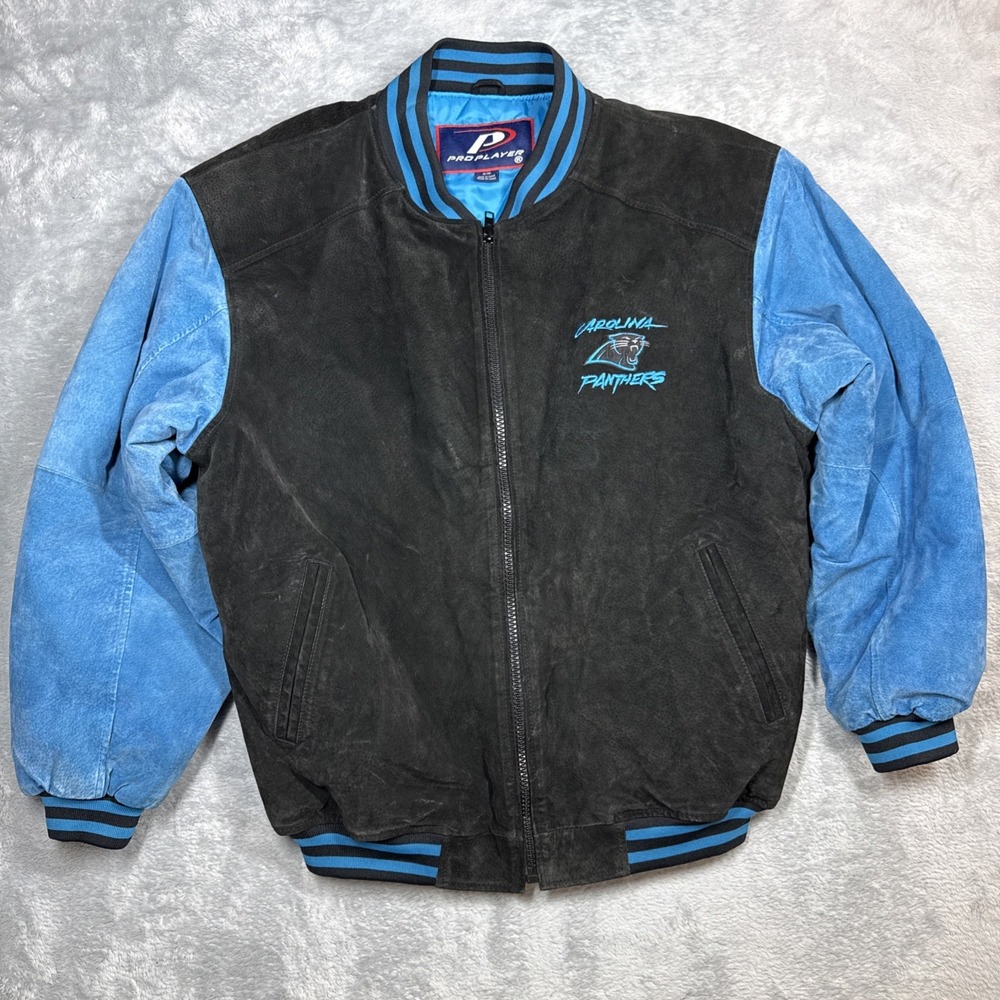 Carolina Panthers Suede Leather Jacket Mens Medium Black Blue Pro Player